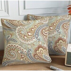 Paisley Print 2- Pillow Covers 100% Egyptian Cotton Khaki Quiet Luxury 16x16in